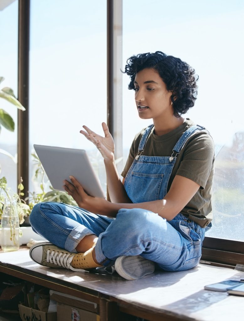 Video call, tablet or student presentation for workshop training, online webinar or zoom call in ar